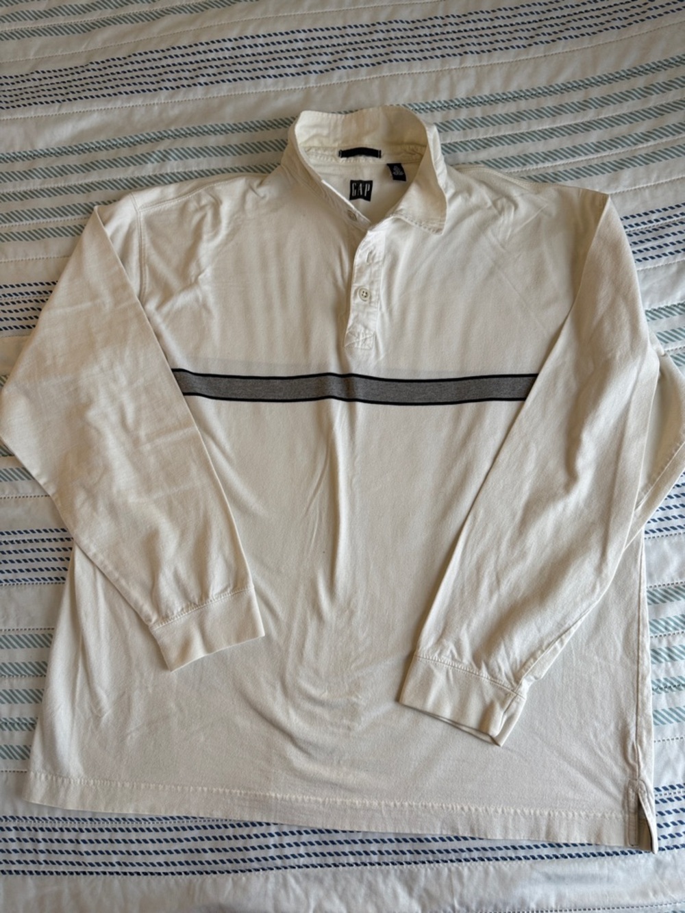 GAP Long Sleeve White  Polo with Grey and Navy Chest Stripe